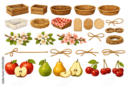 Colorful fruits and woven baskets arranged in a creative design showcasing kitchen supplies and nature elements