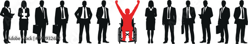 Business professionals silhouettes standing together, central wheelchair figure in red, triumph arms raised, inclusion, empowerment, diversity, equality, workplace achievement scene