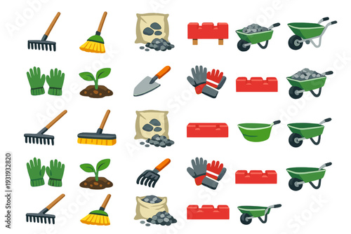 Garden tools and supplies on display for landscaping and gardening tasks at home during daytime