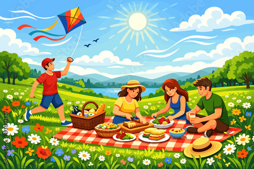 Fun picnic in a sunny park with friends flying a kite and enjoying food near a lake