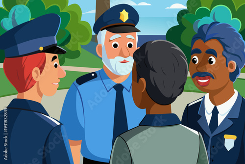 A professional, realistic illustration of a group of police officers engaged in a conversation.