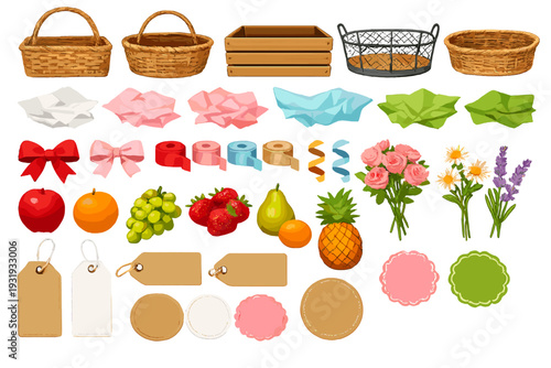 Different kinds of baskets, fruits, flowers, and wrapping items placed on a flat surface for crafting or decoration