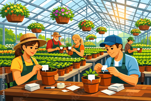People working in a greenhouse planting small plants in pots during the afternoon in a sunny location with many flowers around
