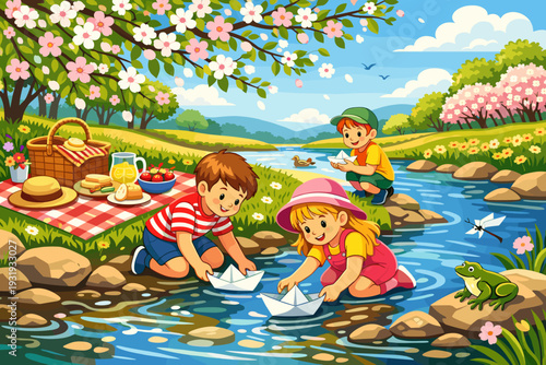 Children play by a stream making paper boats while a picnic is set nearby during a sunny day in spring
