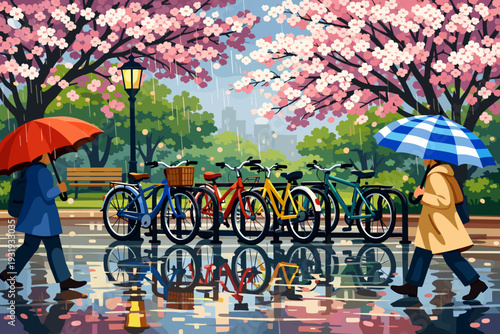 People walk in park covered by pink blossoms while riding bikes and holding umbrellas during a rainy day