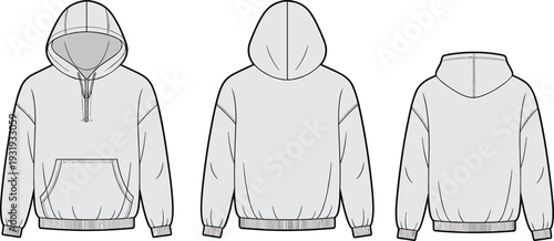 Three Gray Hoodies Displayed from Front, Back, and Side Views clothing front view 1 back view