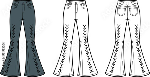 Three pairs of flared jeans with stitching details in dark blue, light blue, and white colors
