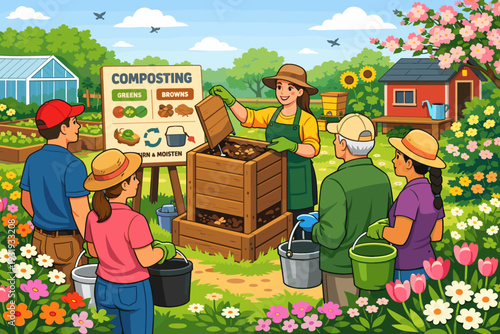 Community members learn about composting in a garden setting with a teacher guiding them on waste management practices
