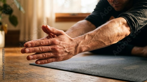 Man stretching on yoga mat indoors
