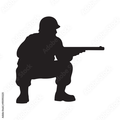 Soldier silhouette with barreled shotgun in squat pose icon vector illustration in trendy style. Old Retro Vintage Army or Infantry on World War II. Editable graphic resources for many purposes.
