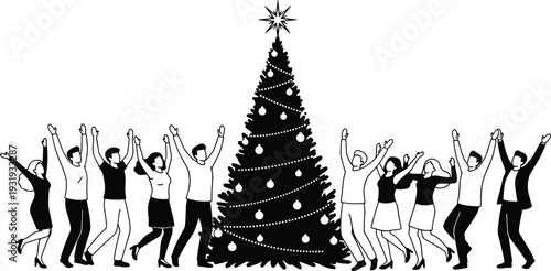 Festive family silhouette decorating Christmas tree together with ornaments and star, joyful holiday celebration scene conveying warmth, unity, happiness