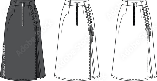 Three Skirts with Lace- Up Details and Ties on the Side in Different Colors and Line Styles lace-up