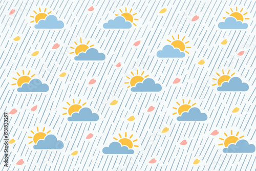 Weather pattern with rain, clouds, and sun against a light background during a bright day