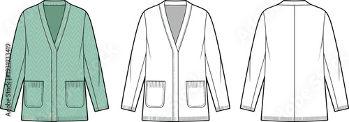 Three views of a green and white patterned cardigan with two pockets and a V-neck