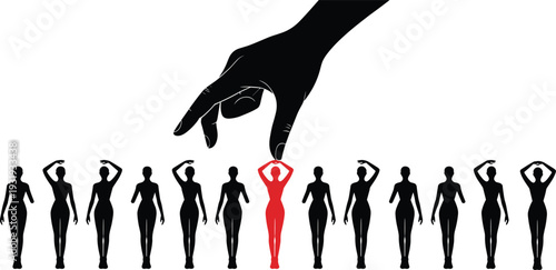 Large black hand selecting red woman silhouette from row of twelve, concept of individuality, choice, uniqueness, standing out, selection