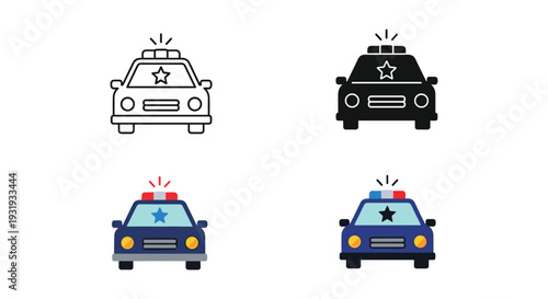 Four different stylized illustrations of police vehicles with lights and sirens