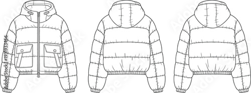 Three views of a quilted puffer jacket with a hood and pockets in a light color