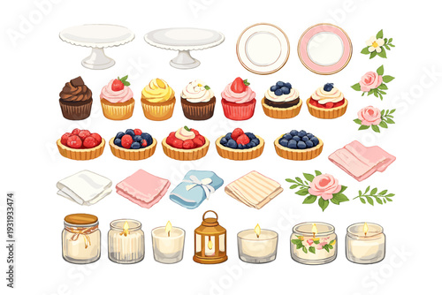 Colorful desserts and party items arranged for a sweet celebration with different cakes, fruits, and decorations