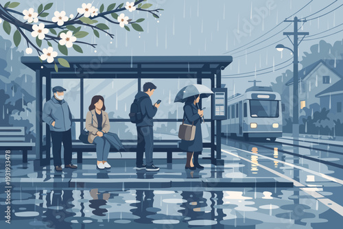 Rainy day at a train station where people wait for transport under umbrellas and in wet clothes during early morning hours