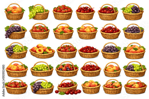 Different types of fruits in baskets arranged on a white background