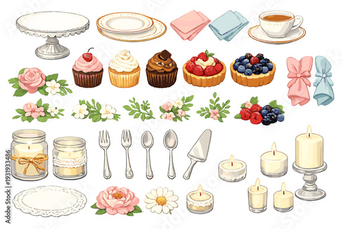 Various desserts and decorations for a special event featuring cupcakes, tarts, flowers, and utensils in a clear layout