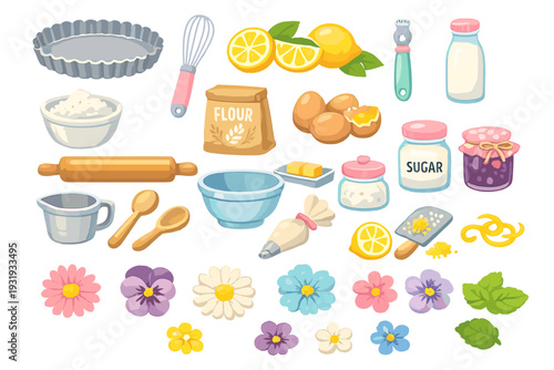 Kitchen tools and ingredients for baking and preparing desserts in a colorful layout during a bright afternoon