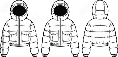 Three views of a white puffer jacket with black hood and pockets shown from front left, front right, and back