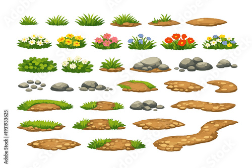 Different types of grass, flowers, stones, and dirt patches for use in outdoor scenes and illustrations
