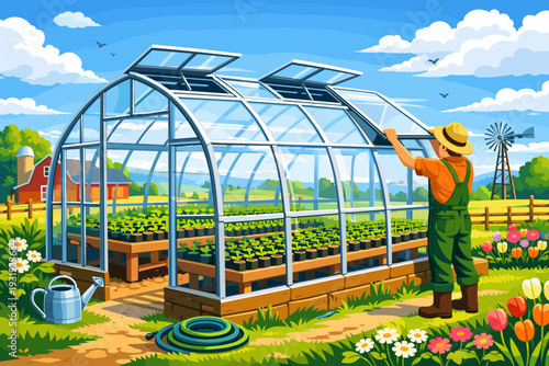 Gardener works in greenhouse during bright day with plants and farm in the background