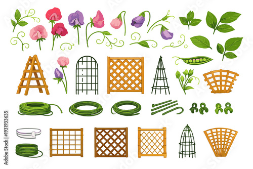 Sweet pea flowers and gardening supplies are arranged in a design focused on gardening and plant support materials
