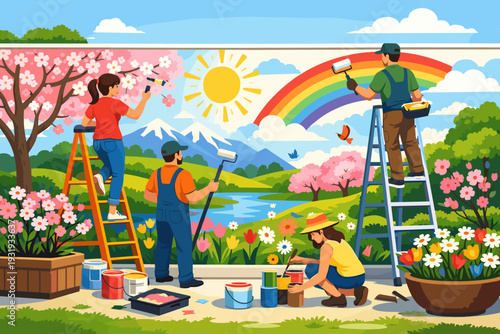 Team works together to paint a large mural in a park during sunny day in spring with bright colors and nature surrounding them