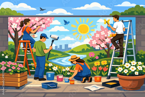 Community members paint a mural on a wall with flowers and trees during a sunny day in a park near a river