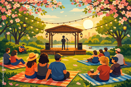 People enjoy live music performance at outdoor stage in park during sunset with trees and flowers