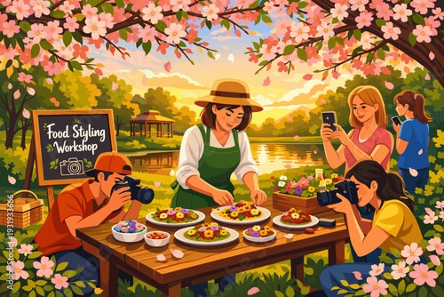Food styling workshop takes place near a lake surrounded by flowers and trees during sunset with participants photographing dishes