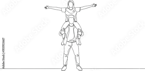 Minimalist continuous line drawing of person carrying another on shoulders, vector illustration representing support, teamwork, relationship, unity, balance