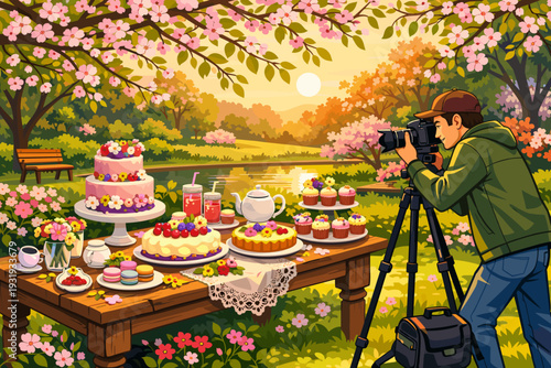 Photographer captures dessert table in garden filled with flowers and sunlight near a pond