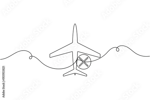 Airplane with cross sign icon continuous one line art single drawing on white background minimal canceled flight symbol outline vector illustration