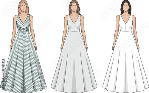 Three women wearing different styles of long dresses with v-neck bodices and full skirts in green, gray, and white colors