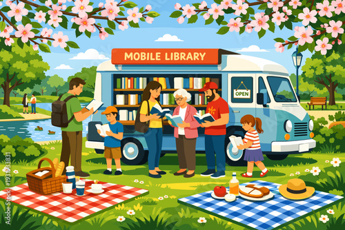 Community members gather around a mobile library in a park while enjoying books and a picnic on a sunny day in spring