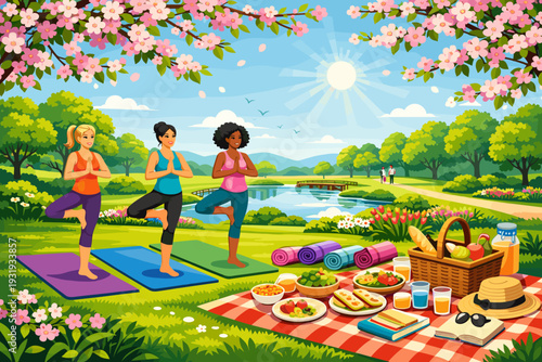 Yoga class in the park with picnic and flowers during sunny day in spring