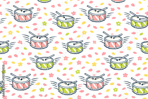 Colorful drums and flowers create a playful pattern for decoration and design in a light background at daytime