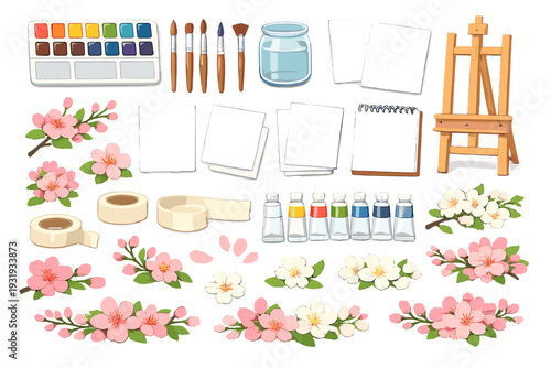 Art supplies are arranged on a table for a creative project in a bright space during the day