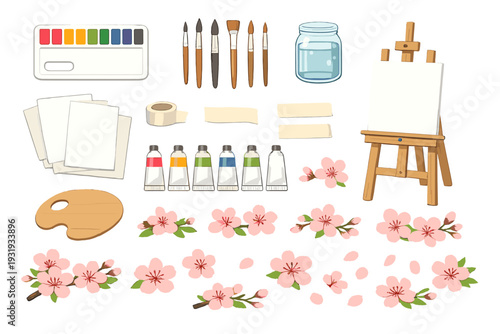 Art supplies are arranged on a table with flowers and tools ready for painting in a creative workspace
