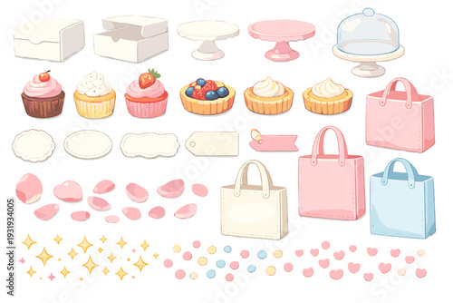 Colorful baking supplies and desserts on a bright background for a party or celebration setup