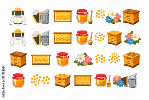Beekeeping tools and products lined up with flowers and honey jars on a white background