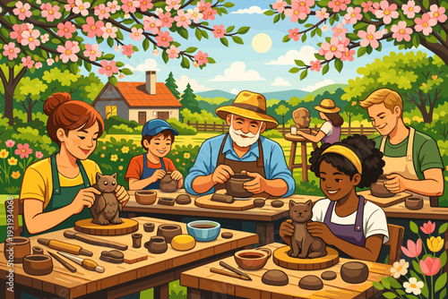 People are making pottery together in a sunny outdoor setting near a village with flowers and trees around them