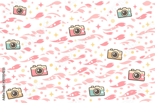 Pattern of cameras and waves on a light background with colorful shapes and simple designs