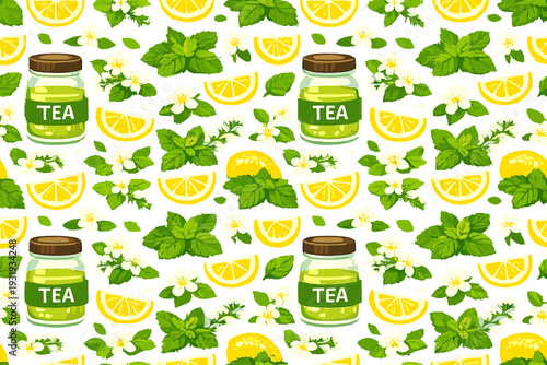 Fresh tea with lemon and mint in simple flat design showing natural ingredients and flavors for a refreshing drink