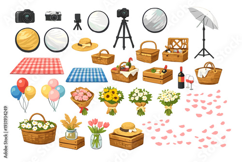 Various picnic and photography items spread across a surface with vibrant flowers, picnic baskets, and camera equipment for outdoor gatherings