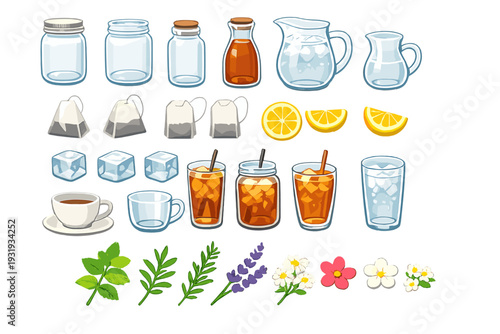 Different types of jars, drinks, and ingredients for making refreshing beverages at home